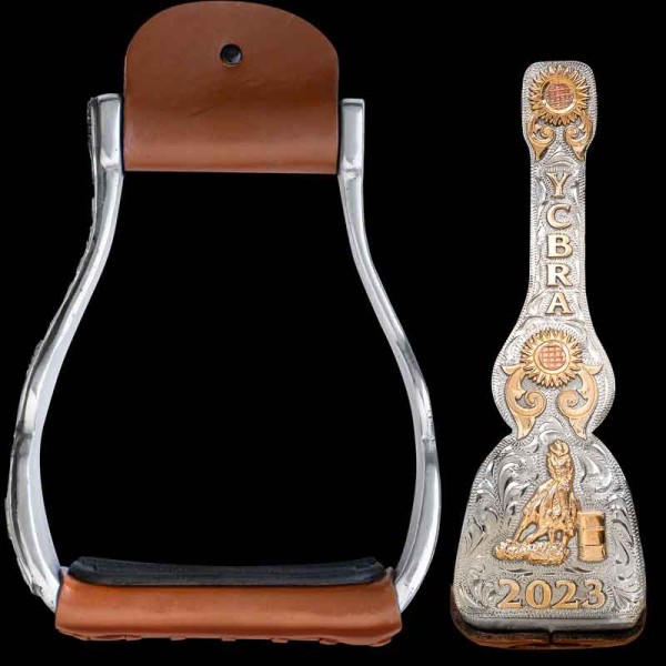 Customize your heavy aluminum Francois Gauthier stirrups with any cowboy or rodeo related figures featuring a hand-engraved silver cover with Jeweler's Bronze sunflowers, scrolls and lettering. Call us for a full customization experience!